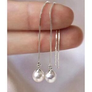 Classic 925 Sterling Silver Cultured Pearl Threader Earrings